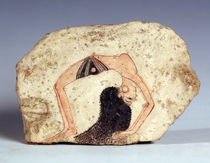 Fragmento de una pintura mural que representa a un bailarín acrobático entreteniendo en la corte, Nuevo Reino, de Deir-El Medina